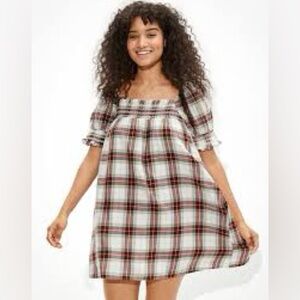 AE plaid smocked puff sleeve baby‎ doll dress NWT-PS Size